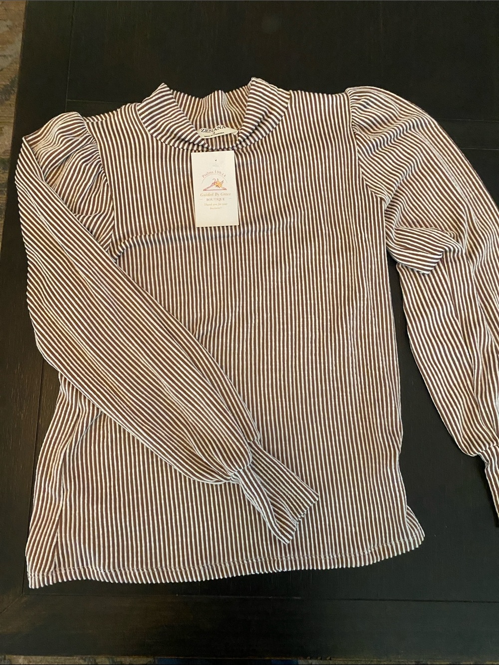 Zenana Outfitters Brown and White Striped mock Neck Blouse